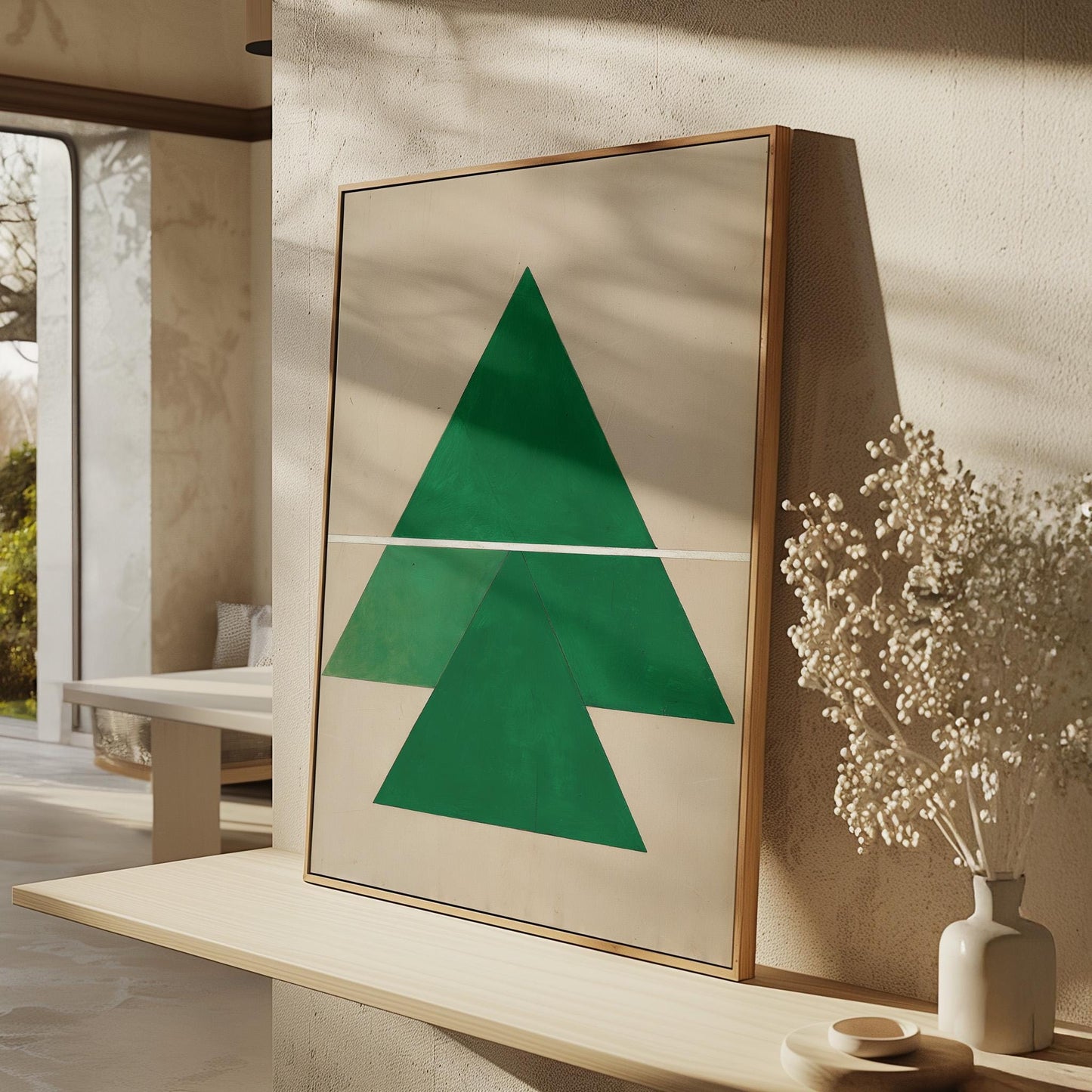 Green Geometric Triangle Canvas Art with Floating Frame