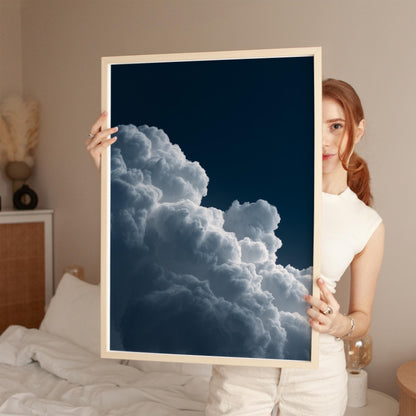 Deep Blue Night Sky Cloud Wall Art – Minimalist Wall Decor with Sustainable Wood Frame
