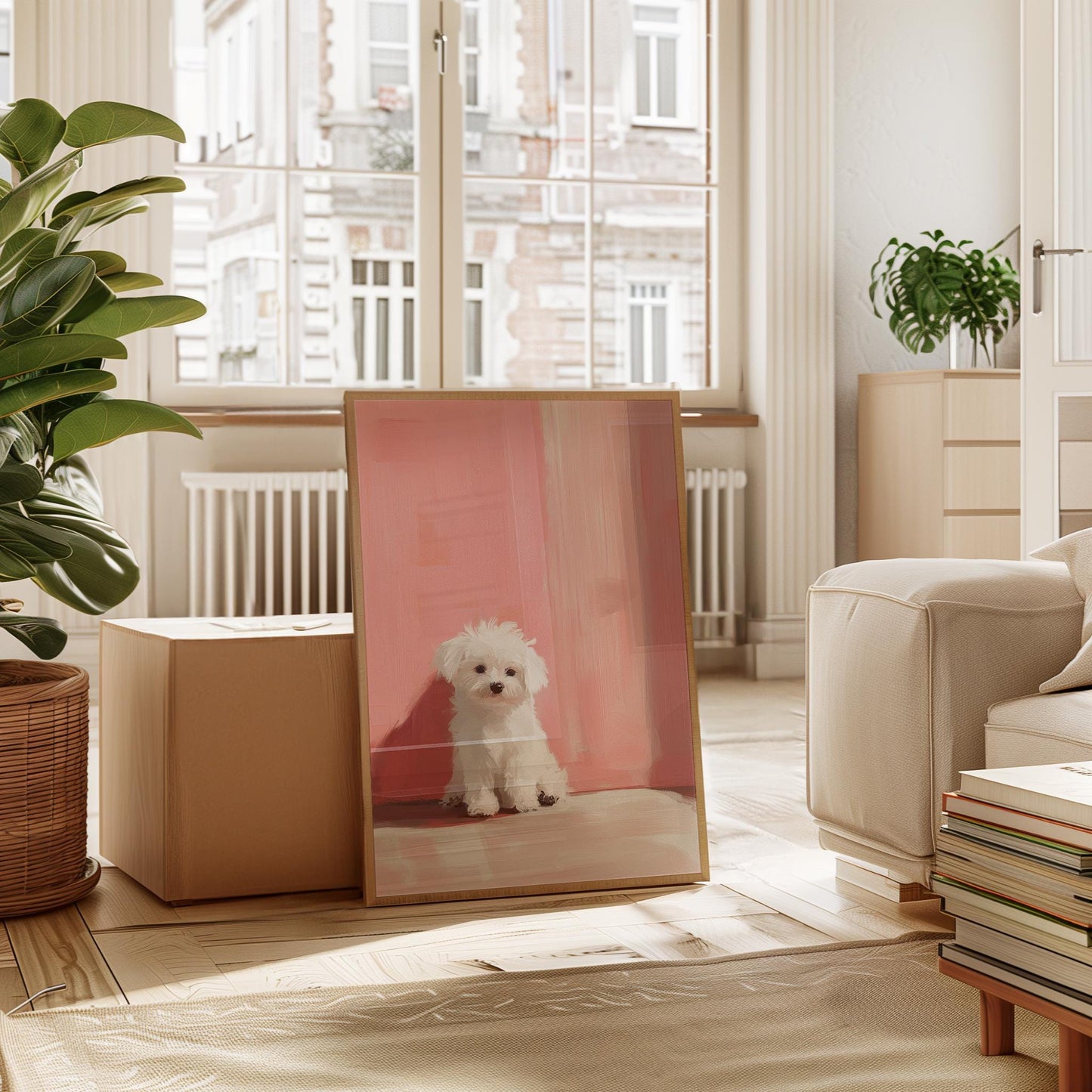 Maltese Puppy Art Print – Pink Blush Nursery Wall Decor | Minimalist Pet Art