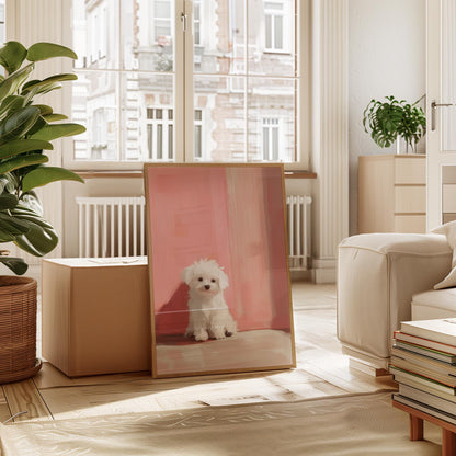 Maltese Puppy Art Print – Pink Blush Nursery Wall Decor | Minimalist Pet Art