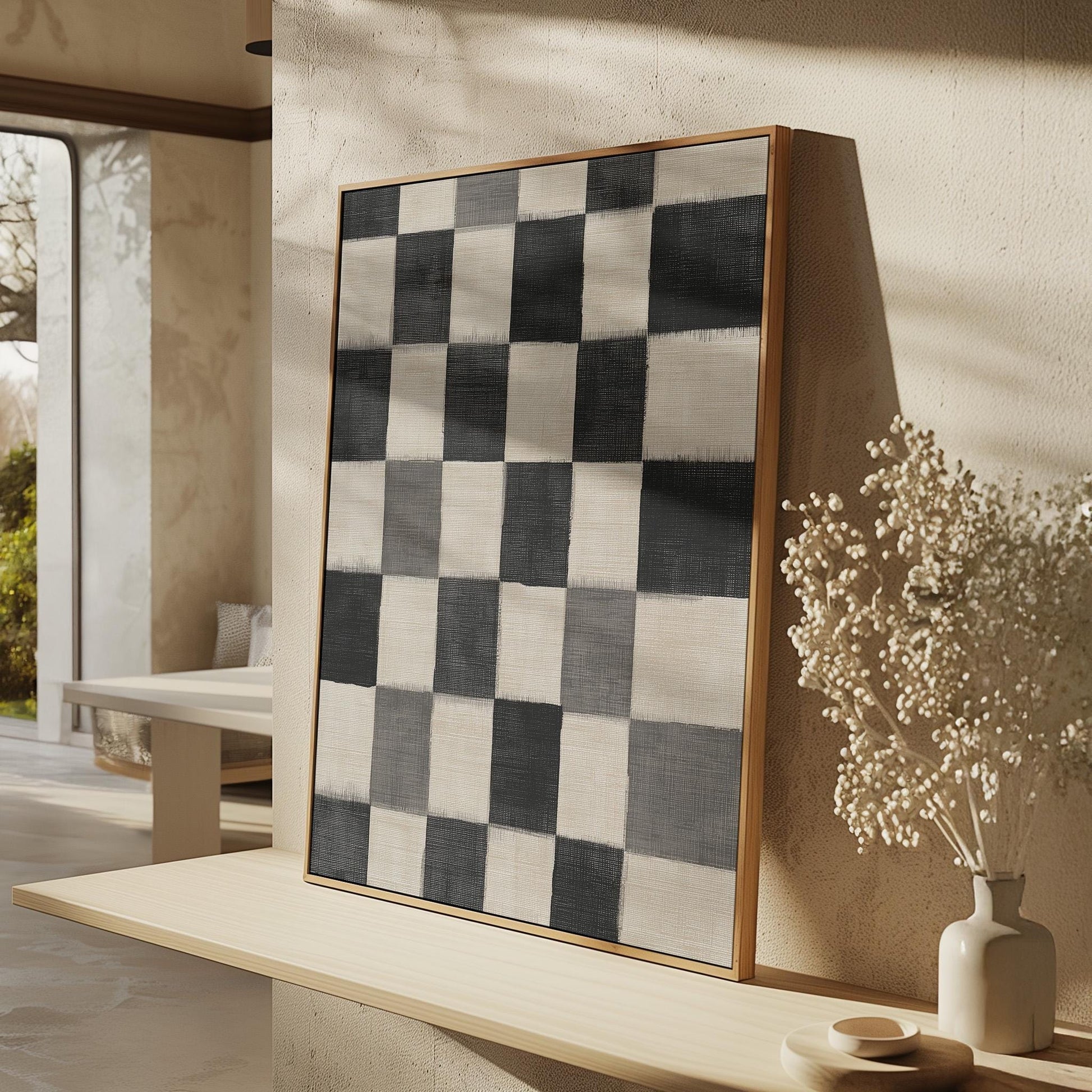 Black and White Checkered Canvas Art, Minimalist Abstract Giclée Print, Modern Geometric Wall Art for Living Room or Office Decor