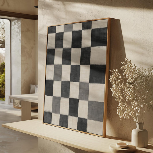Black and White Checkered Canvas Art, Minimalist Abstract Giclée Print, Modern Geometric Wall Art for Living Room or Office Decor
