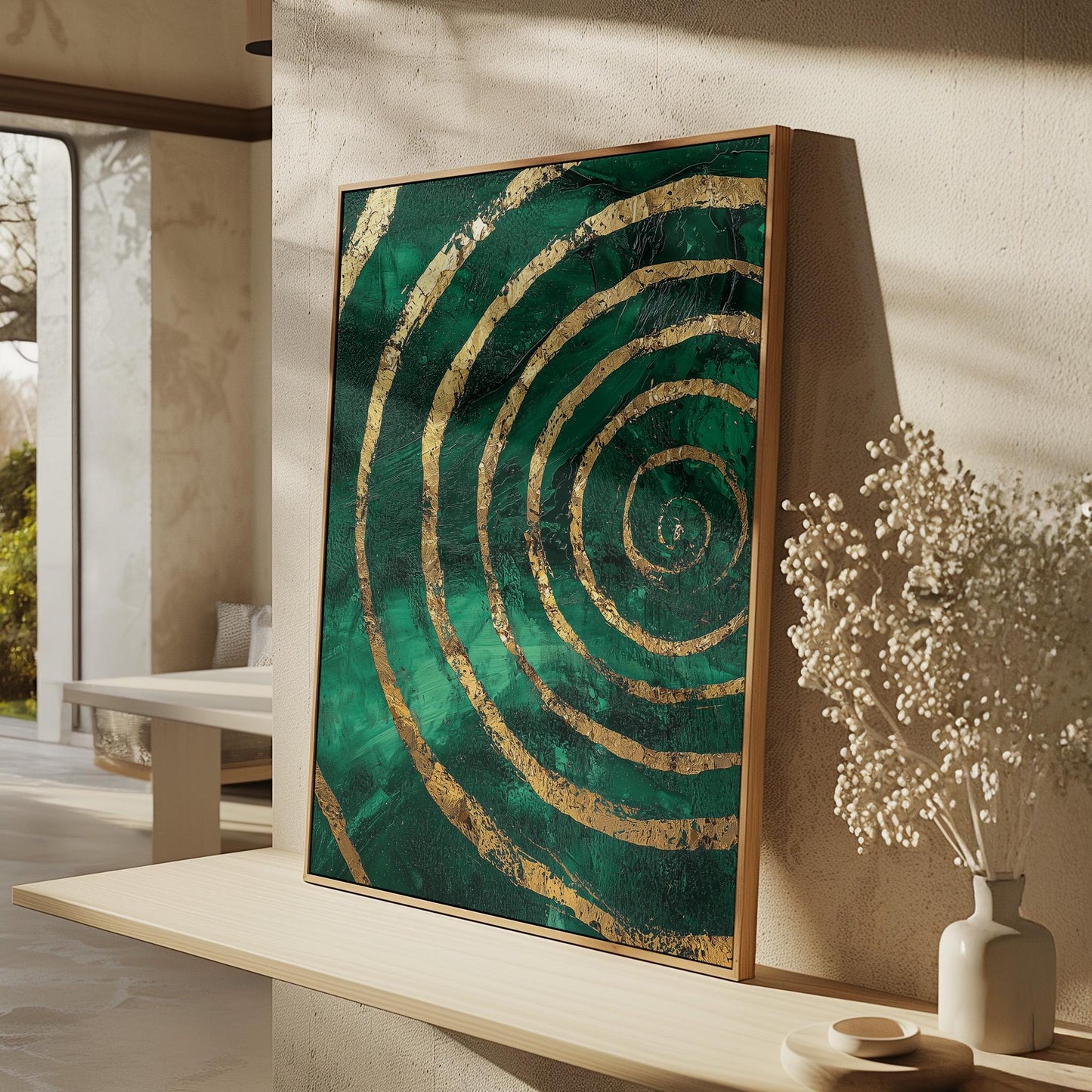 Emerald Green Spiral Giclée Canvas Print with Gold Accents, Modern Textured Abstract Wall Art for Living Room or Office