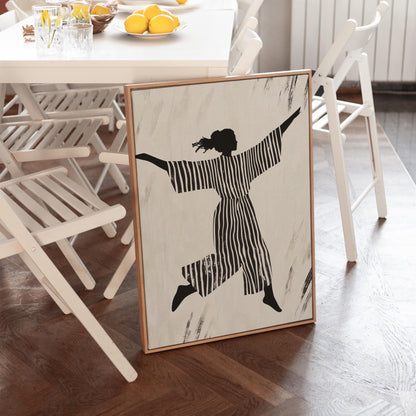 Figurative Canvas Wall Art Woman Jumping in Black and White Striped Outfit Modern Framed Painting