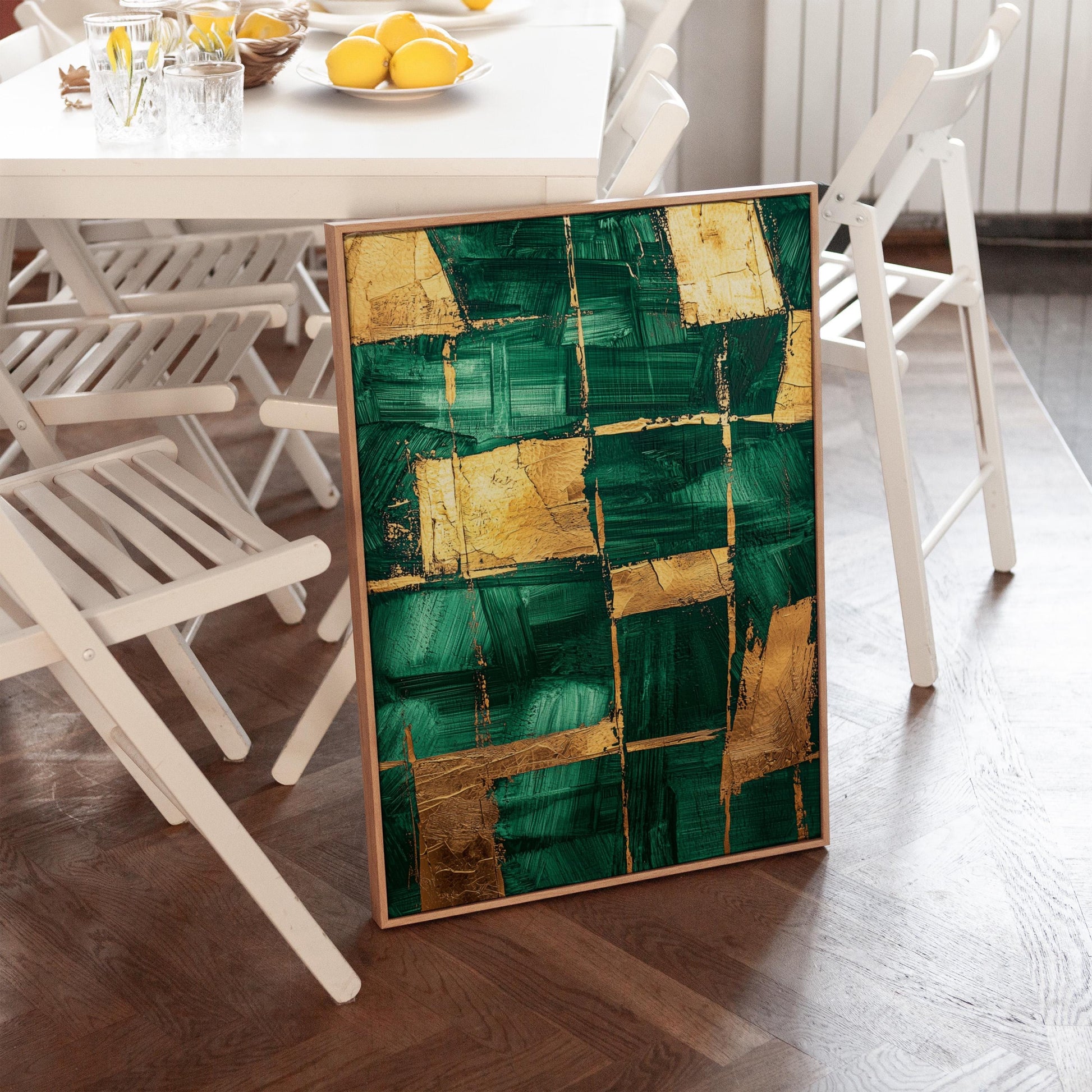 Emerald Green and Gold Abstract Canvas Print, Modern Giclée Wall Art for Dining Room or Elegant Living Space
