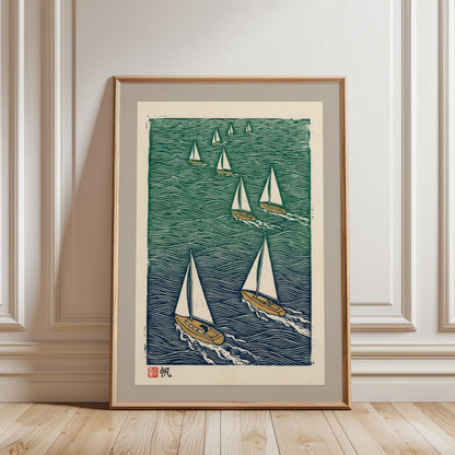 Nautical Sailboat Print – Teal Navy Ocean Art on Archival Fine Art Paper