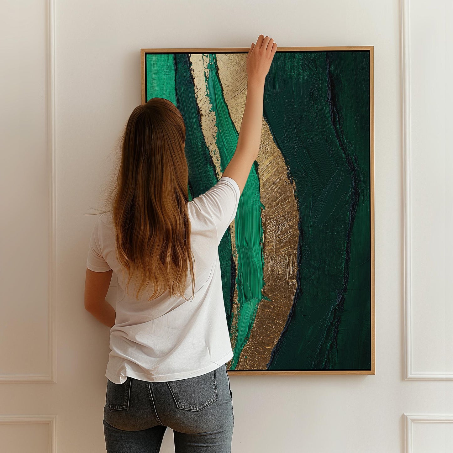 Emerald Green and Gold River Flow Canvas Print, Abstract Textured Giclée Wall Art for Modern Living Room or Bedroom