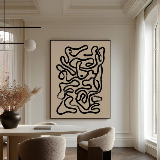 Black and White Abstract Line Canvas Wall Art with Floating Frame Modern Minimalist Print for Living Room Decor