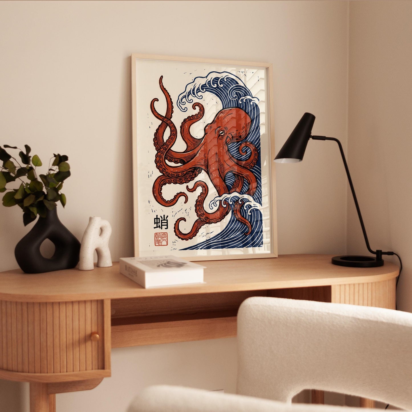 Octopus Art Print – Japanese Woodblock Print Coastal Wall Decor with Wave Art Poster