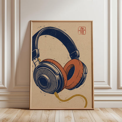 Vintage Headphones Art Print - Retro Music Poster | Navy Orange Artwork