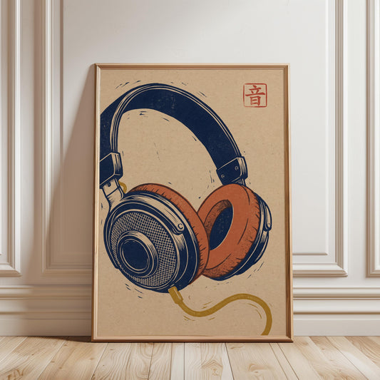 Vintage Headphones Art Print - Retro Music Poster | Navy Orange Artwork