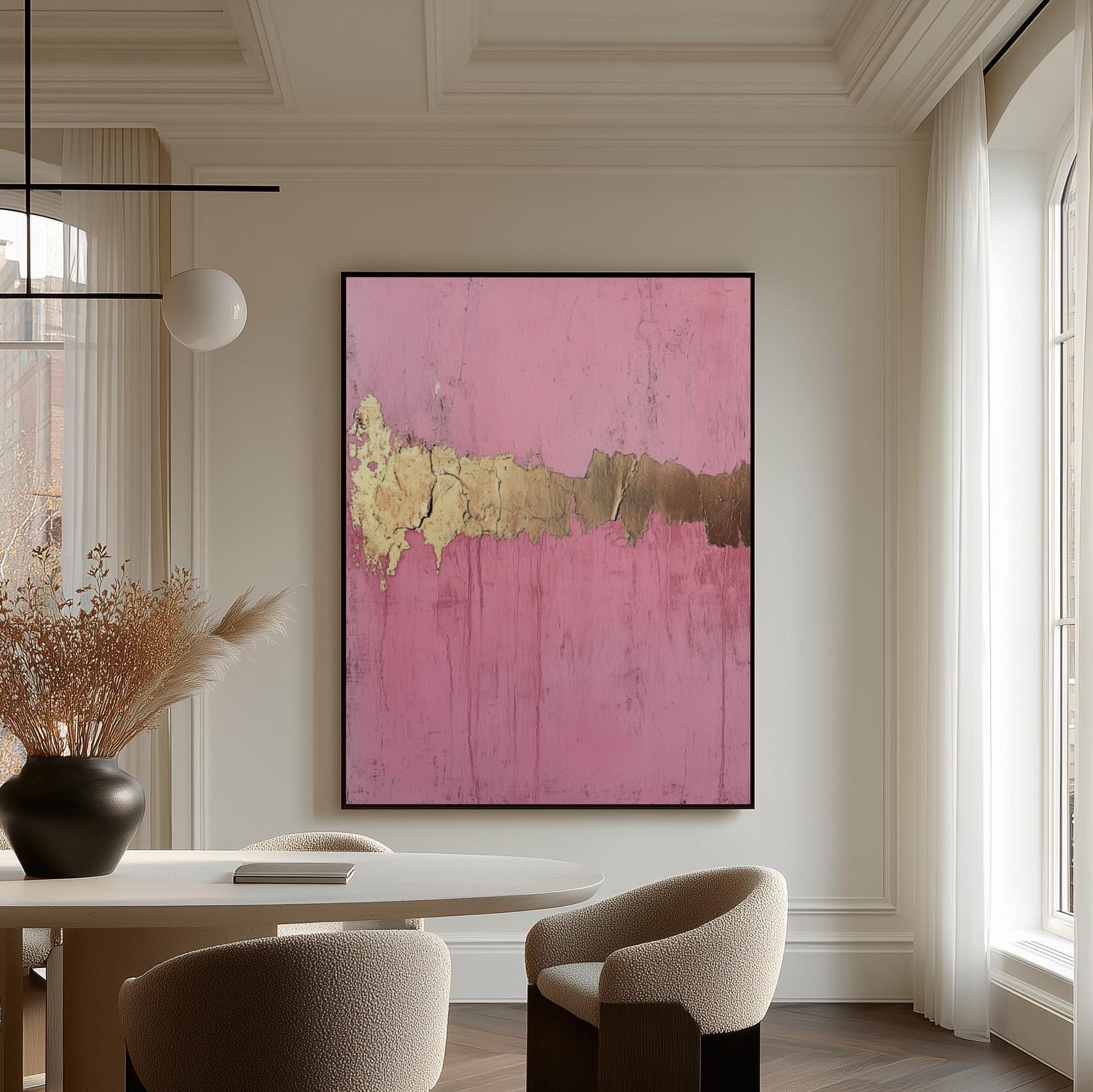 Pink and Gold Textured Abstract Canvas Wall Art with Floating Frame Modern Statement Painting for Living Room Decor