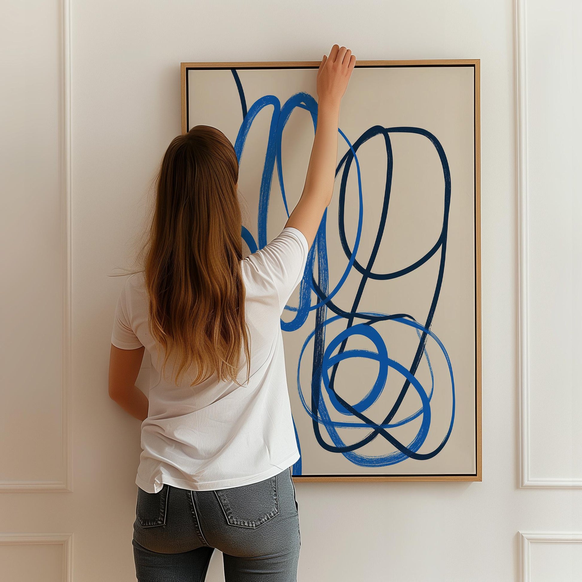 Blue Abstract Line Giclée Canvas Print Modern Minimal Wall Art for Living Room or Office Interior