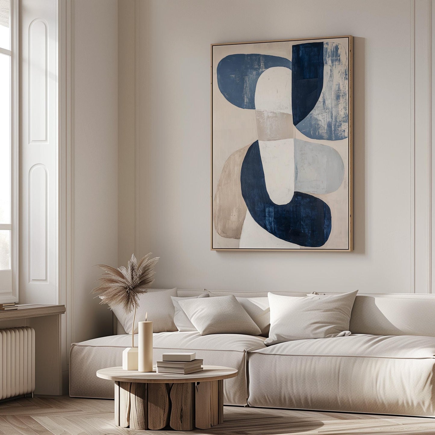 Blue Neutral Abstract Canvas Art with Floating Frame