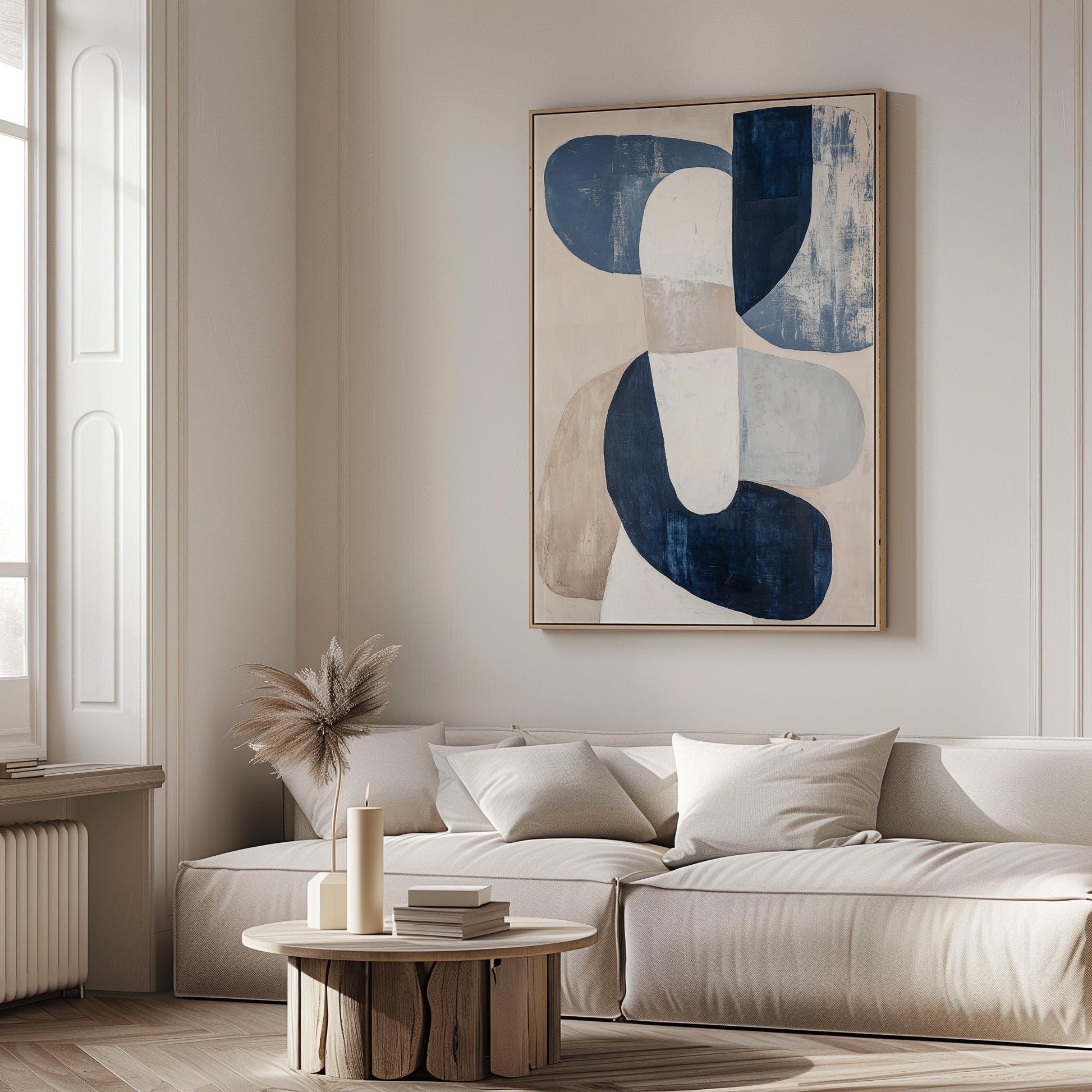 Blue Neutral Abstract Canvas Art with Floating Frame