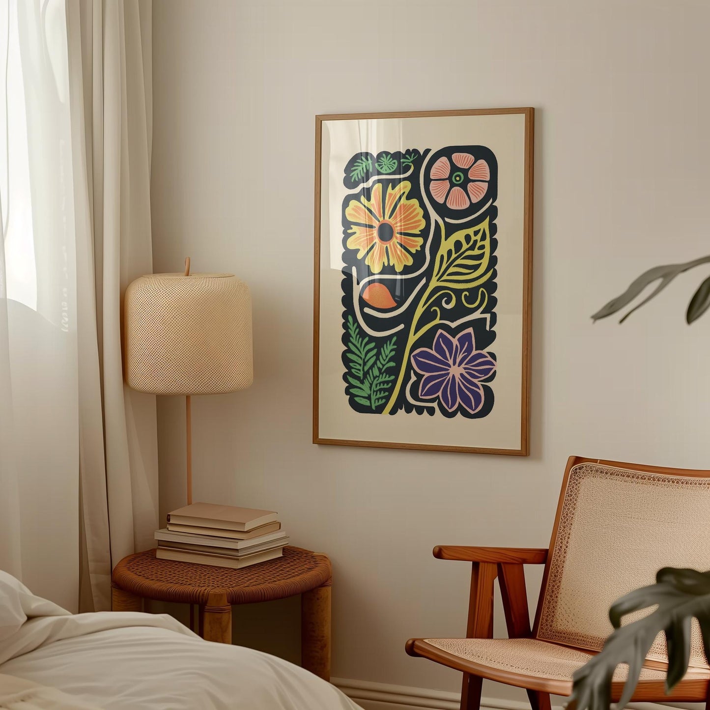 Folk Art Floral Poster – Retro Botanical Art Mid Century Print With Archival Ink