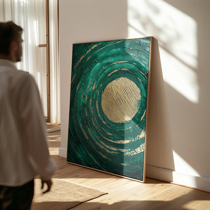 Emerald Green Textured Circle Giclée Canvas Print Modern Abstract Wall Art for Living Room or Bedroom