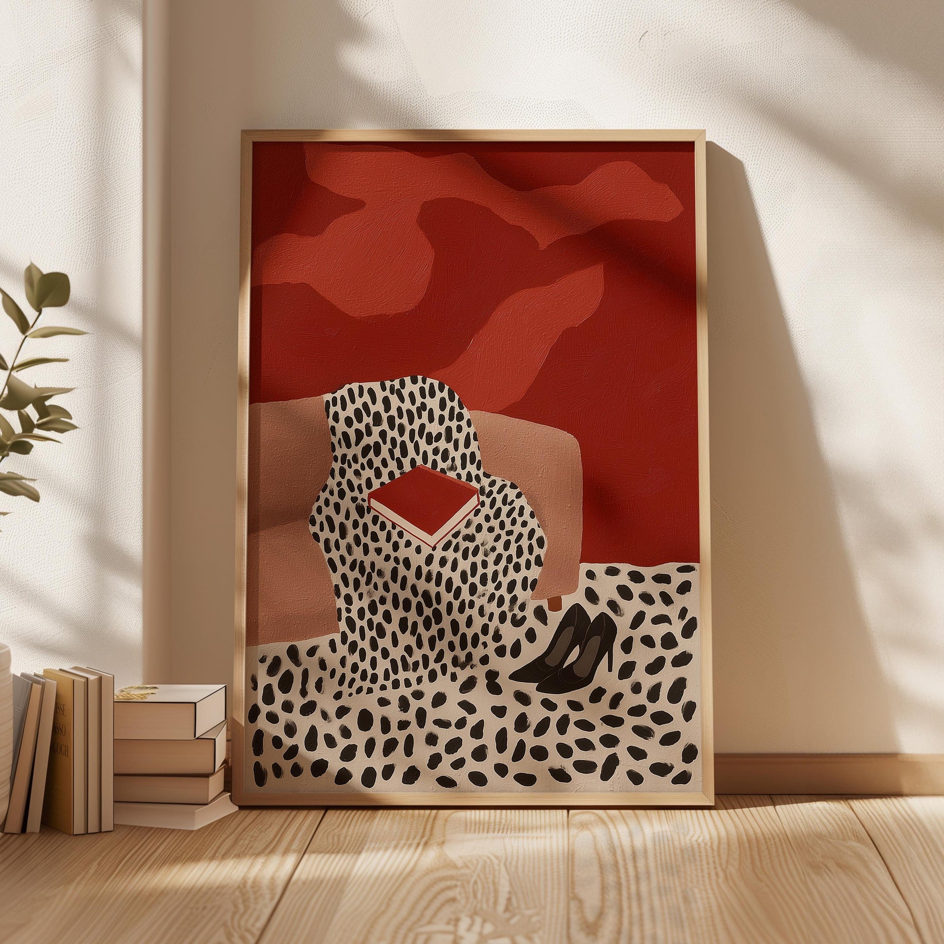 a framed artwork depicting a leopard print design with a red background, a red and white cheetah print design, and a pair of black high heels.