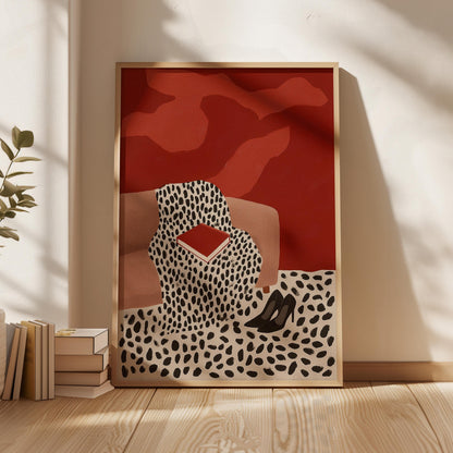 a framed artwork depicting a leopard print design with a red background, a red and white cheetah print design, and a pair of black high heels.