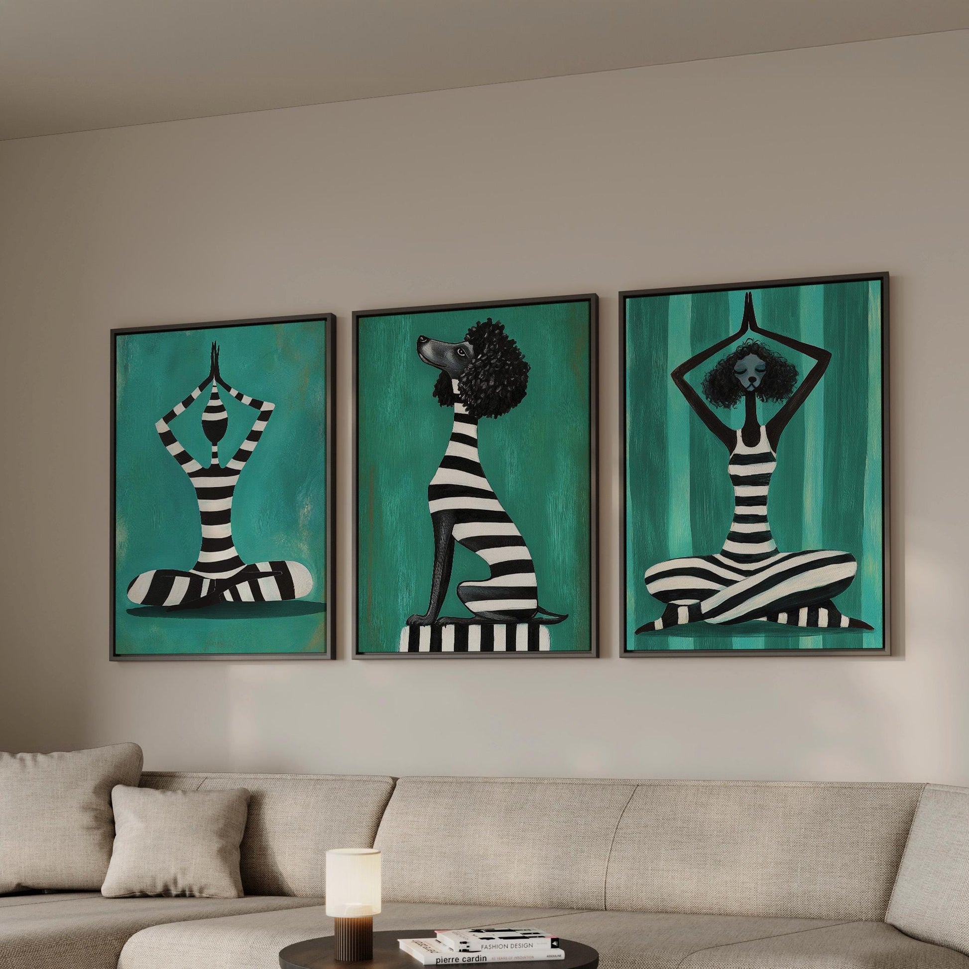 Yoga Woman and Dog Canvas Set of 3, Modern Figurative Wall Art in Black and White Stripes for Living Room or Bedroom, Gift for Friends