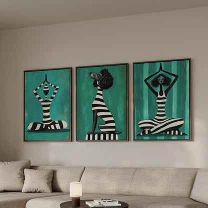 Yoga Woman and Dog Canvas Set of 3, Modern Figurative Wall Art in Black and White Stripes for Living Room or Bedroom, Gift for Friends