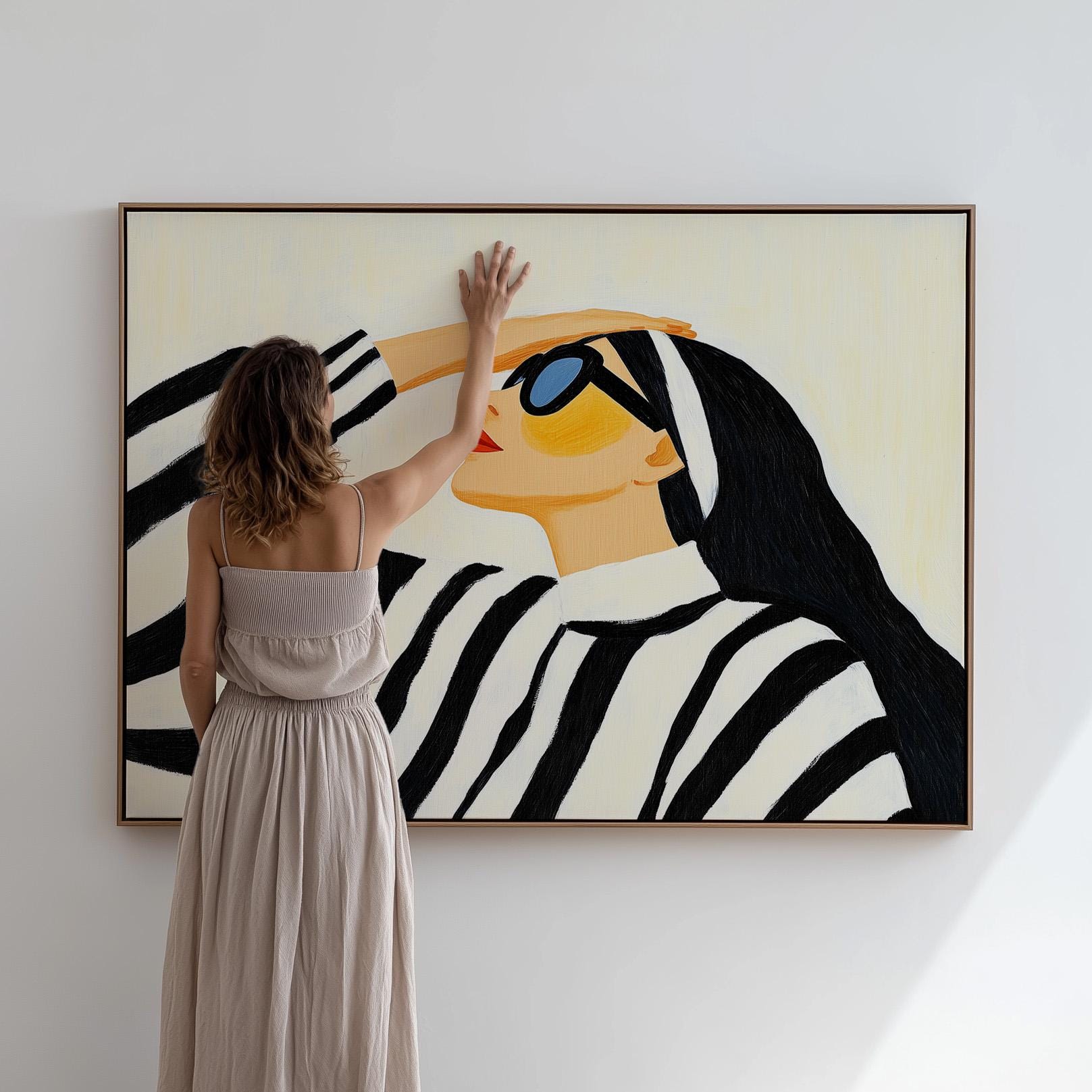 Stylish Woman in Striped Sweater Giclée Canvas Print Modern Fashion Wall Art for Living Room or Bedroom