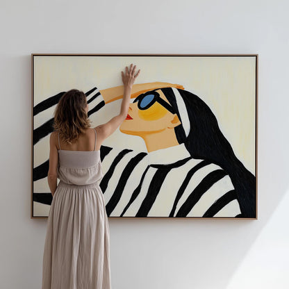 Stylish Woman in Striped Sweater Giclée Canvas Print Modern Fashion Wall Art for Living Room or Bedroom