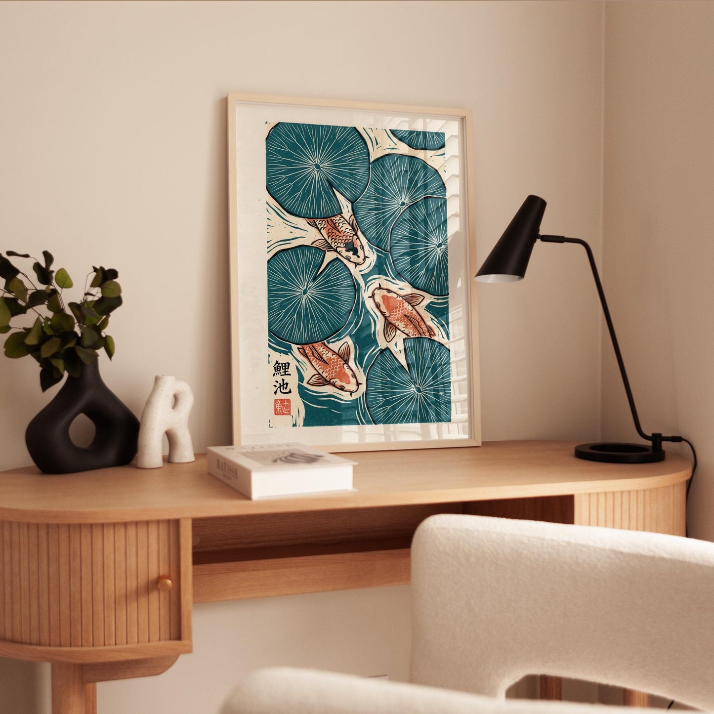 Japanese Koi Fish Print – Teal Coral Decor Linocut Poster Art for Zen Meditation