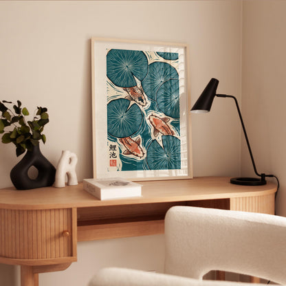 Japanese Koi Fish Print – Teal Coral Decor Linocut Poster Art for Zen Meditation
