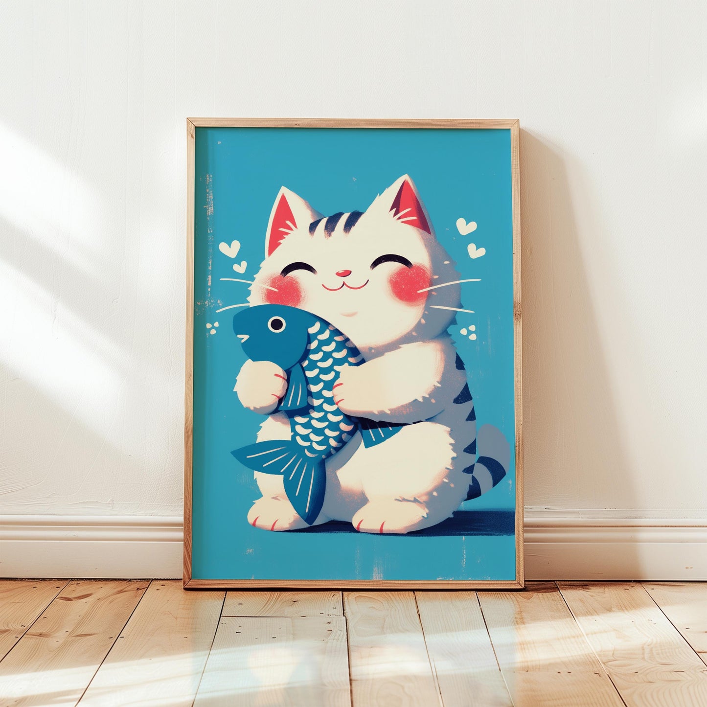 Maneki Neko Print – Japanese Lucky Cat Art With Blue Fish For Nursery Decor