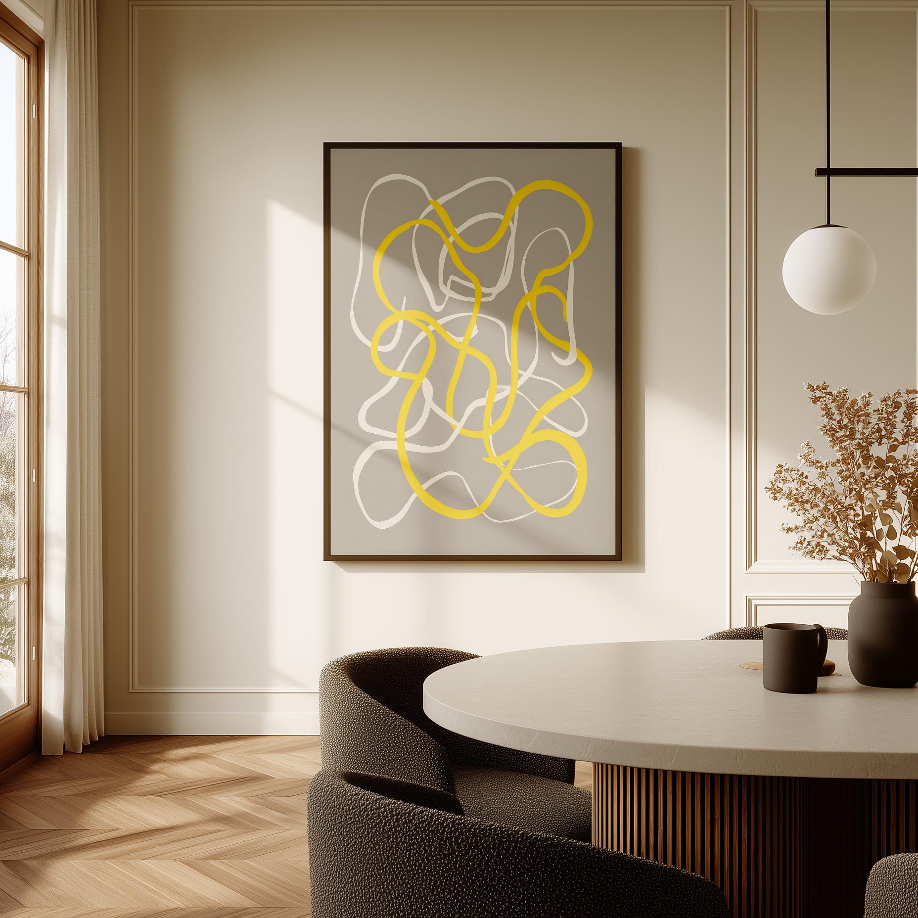 Yellow Abstract Line Giclée Canvas Print Modern Minimal Wall Art for Dining Room or Creative Studio