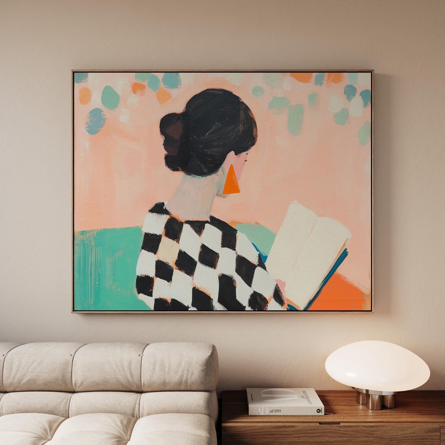 Woman Reading Canvas Art - Modern Geometric Art With Vibrant Color Painting