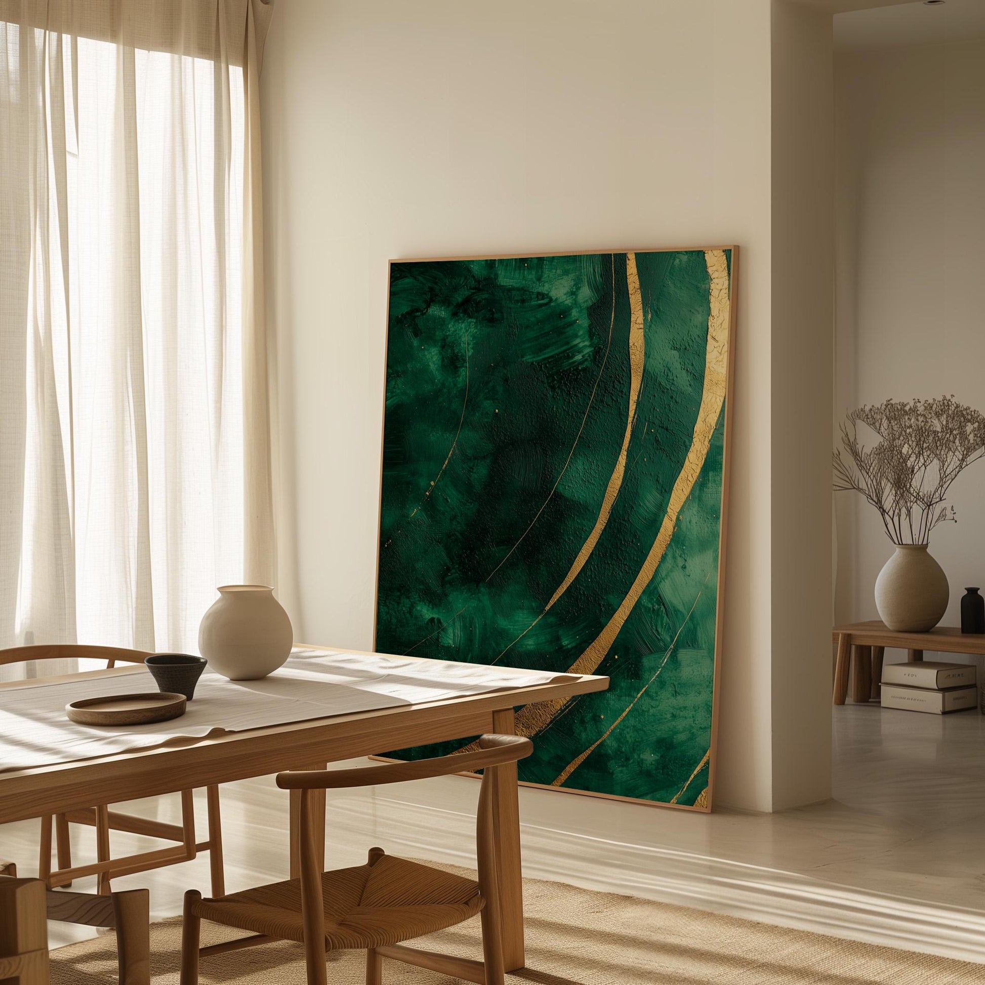 Emerald Green and Gold Wave Canvas Print, Abstract Giclée Textured Wall Art for Living Room or Luxury Interior