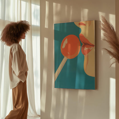 Pop Art Canvas Wall Art Red Lollipop and Lips on Blue Background Modern Figurative Framed Painting