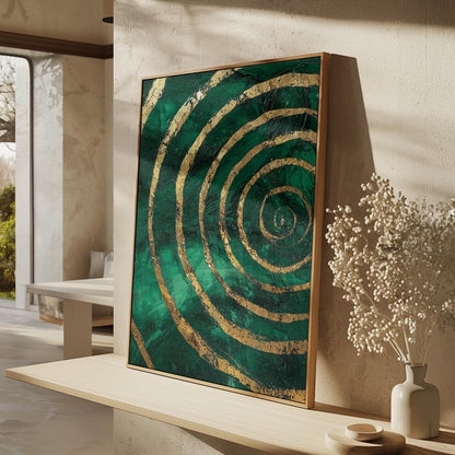 Emerald Green Spiral Giclée Canvas Print with Gold Accents, Modern Textured Abstract Wall Art for Living Room or Office