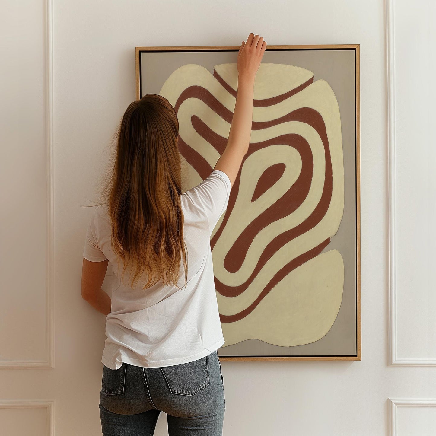 Giclée Canvas Print Abstract Brown Lines Minimalist Neutral Modern Wall Art Organic Shape Painting for Living Room or Office
