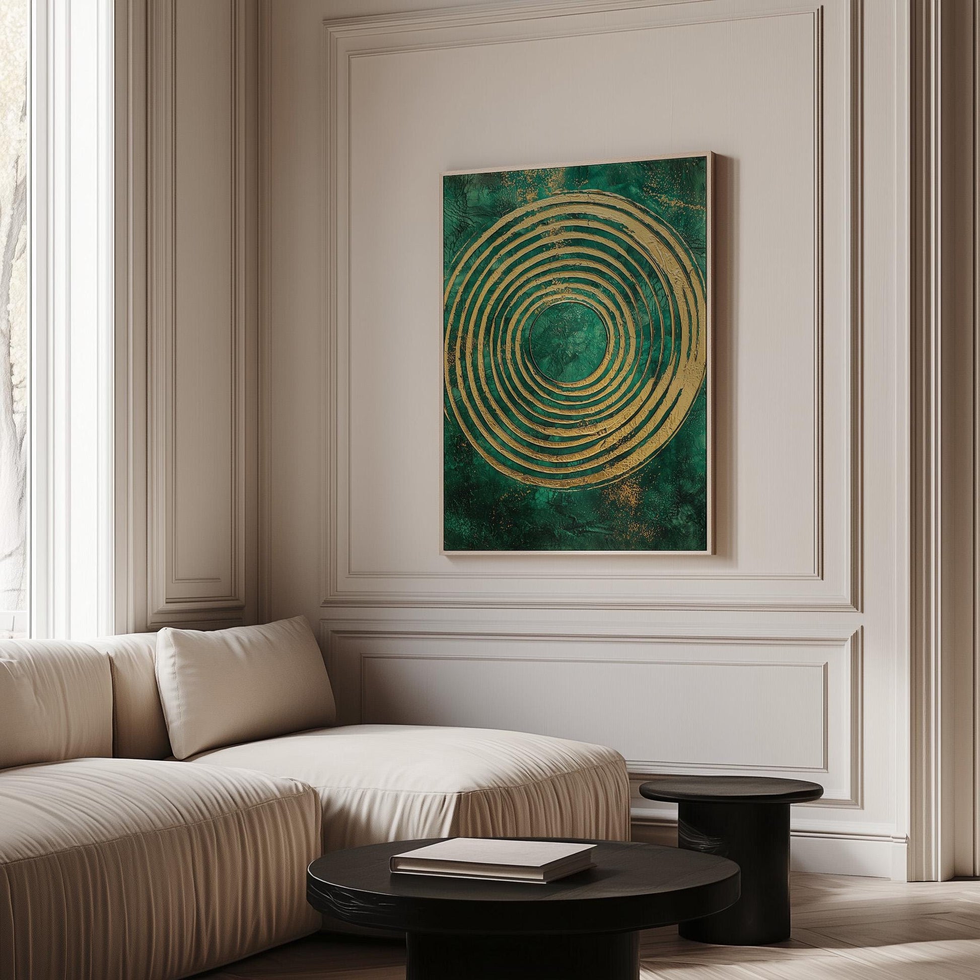 Emerald Gold Spiral Canvas Art, Abstract Textured Painting, Modern Giclée Wall Art for Living Room or Office, Luxury Home Decor
