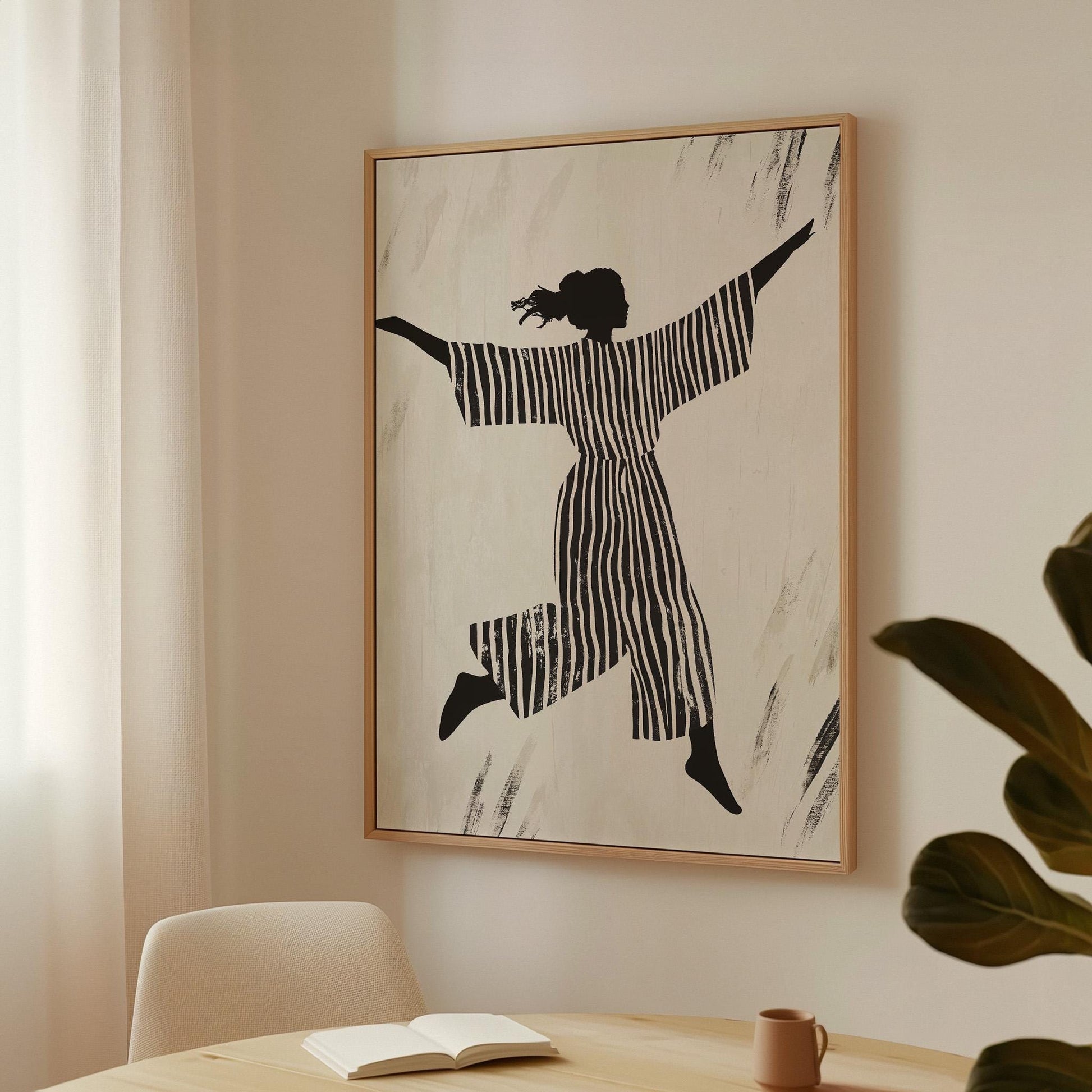 Figurative Canvas Wall Art Woman Jumping in Black and White Striped Outfit Modern Framed Painting