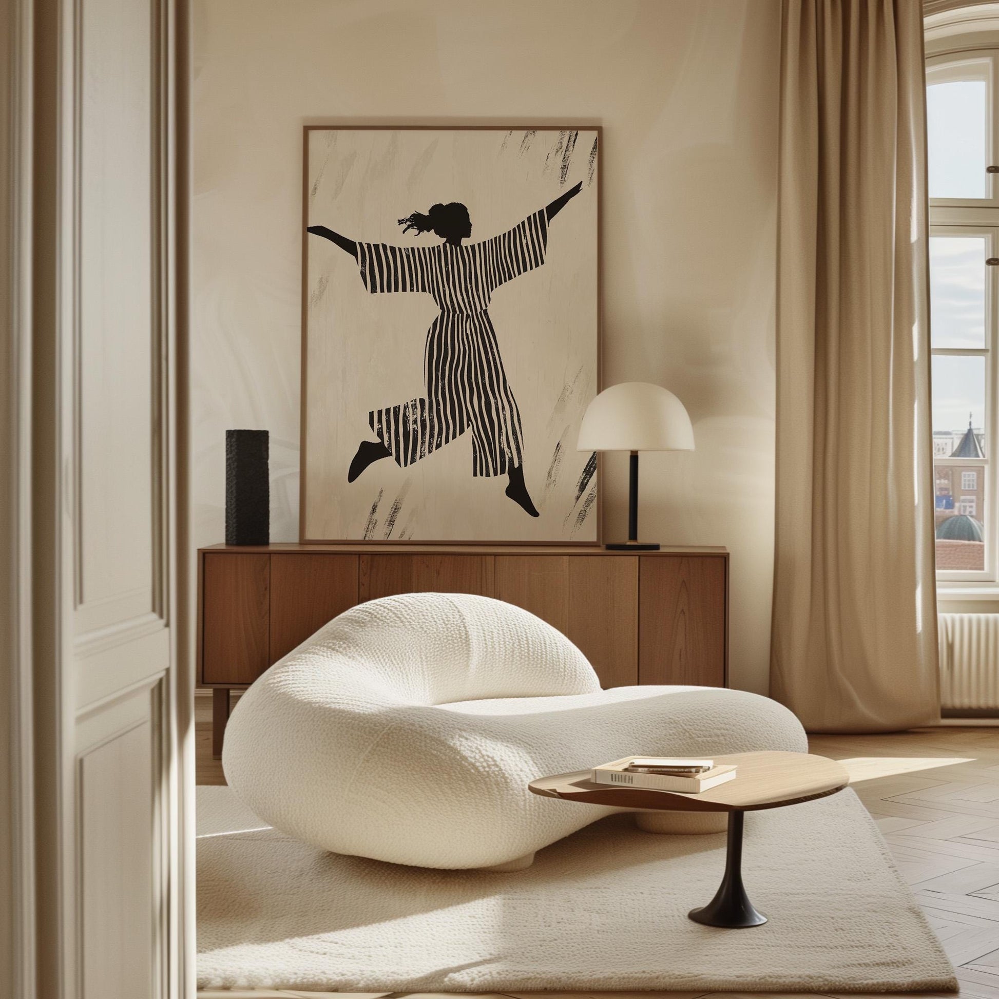 Figurative Canvas Wall Art Woman Jumping in Black and White Striped Outfit Modern Framed Painting