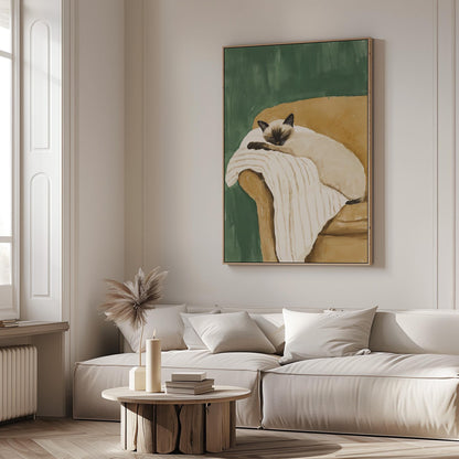Siamese Cat Wall Art Cozy Minimalist Animal Print Relaxing Pet Canvas Large Artwork for Bedroom or Living Room Decor