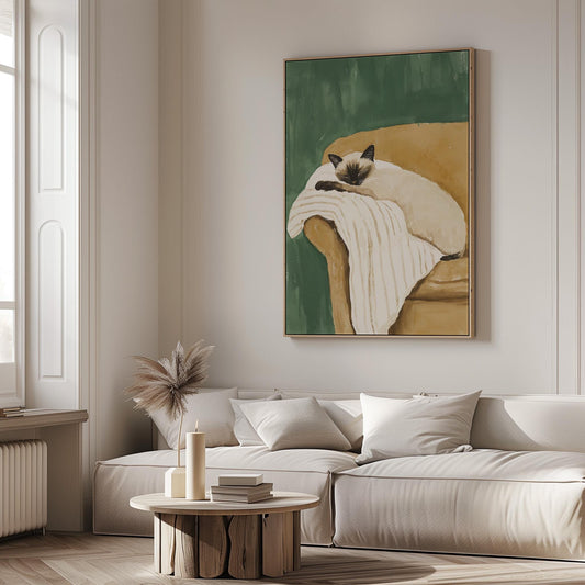 Siamese Cat Wall Art Cozy Minimalist Animal Print Relaxing Pet Canvas Large Artwork for Bedroom or Living Room Decor