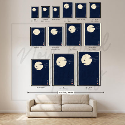 Japanese Art Print – Minimalist Moon Wall Art With Bird Silhouette & Navy Blue Sky