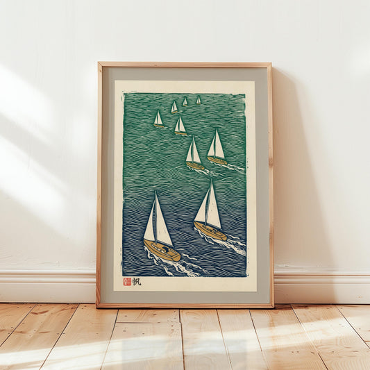 Nautical Sailboat Print – Teal Navy Ocean Art on Archival Fine Art Paper
