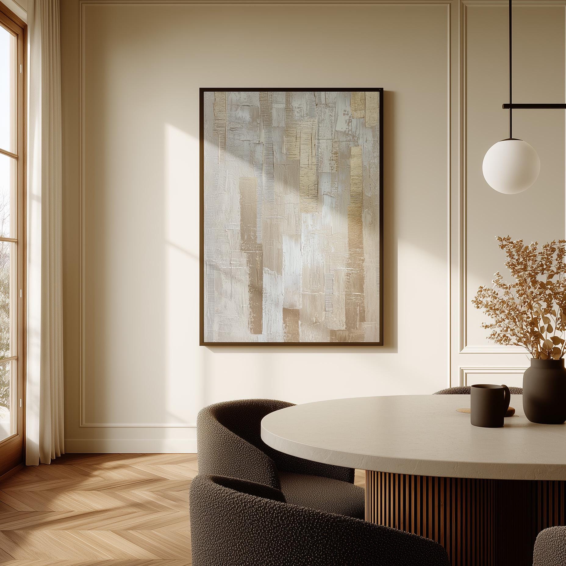 Gold and Beige Textured Abstract Canvas Wall Art with Floating Frame Modern Neutral Painting for Living Room Decor