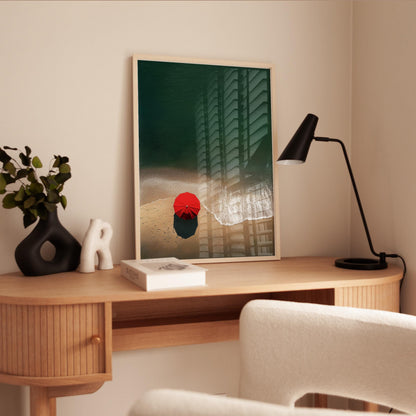Minimalist Beach Print - Red Umbrella Coastal Wall Art | Modern Coastal Design