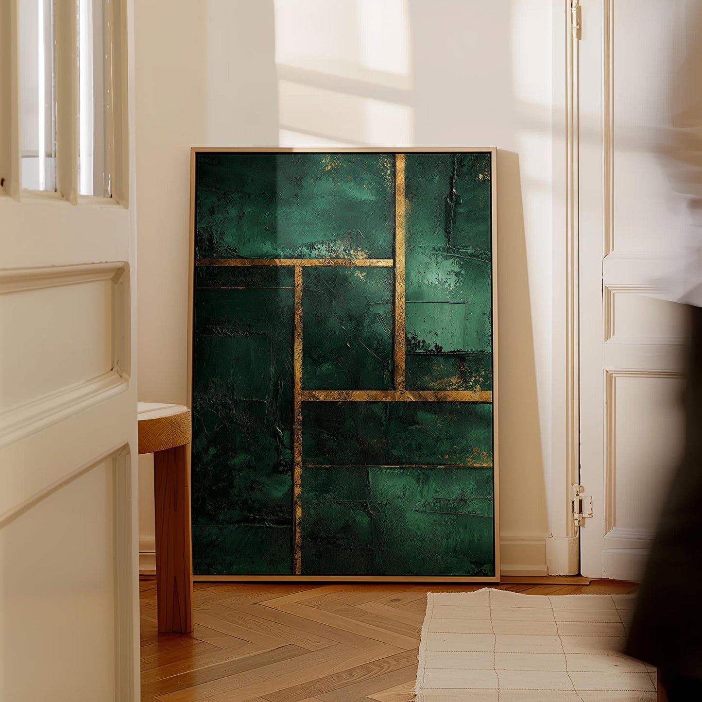 Emerald Green and Gold Geometric Giclée Canvas Print, Modern Abstract Textured Wall Art for Living Room or Office