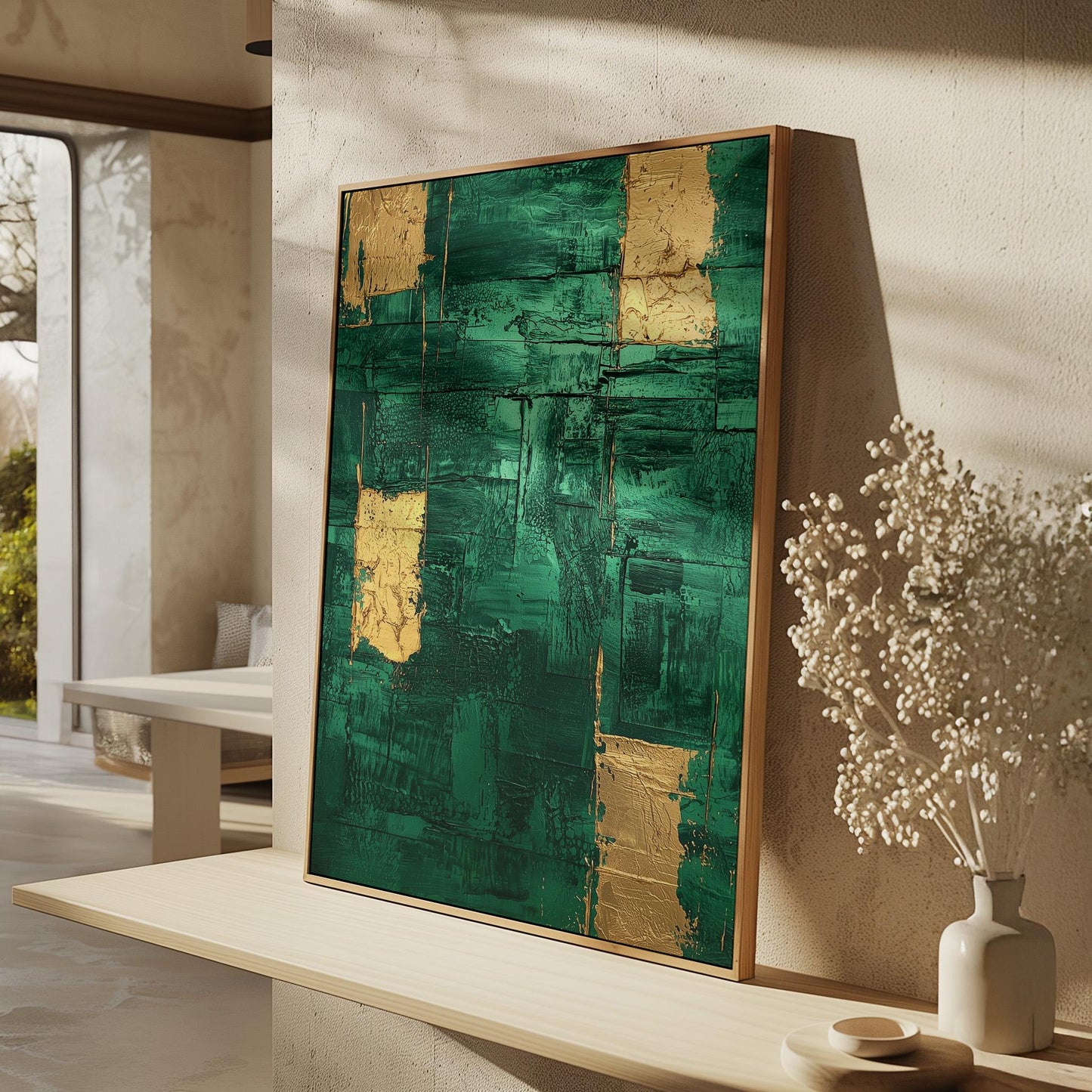 Emerald Green and Gold Textured Giclée Canvas Print Modern Abstract Wall Art for Office or Bedroom