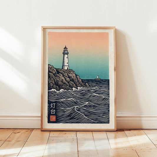 Nautical Lighthouse Art – Vintage Lighthouse Print with Ocean Wall Art, Coastal Decor