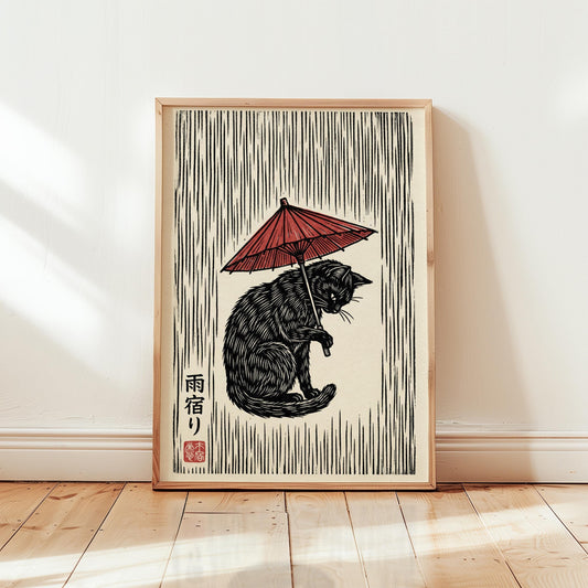 Black Cat Woodblock Print – Japanese Umbrella Art on Fine Art Paper
