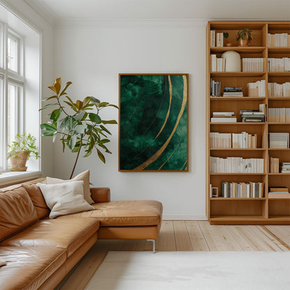 Emerald Green and Gold Wave Canvas Print, Abstract Giclée Textured Wall Art for Living Room or Luxury Interior